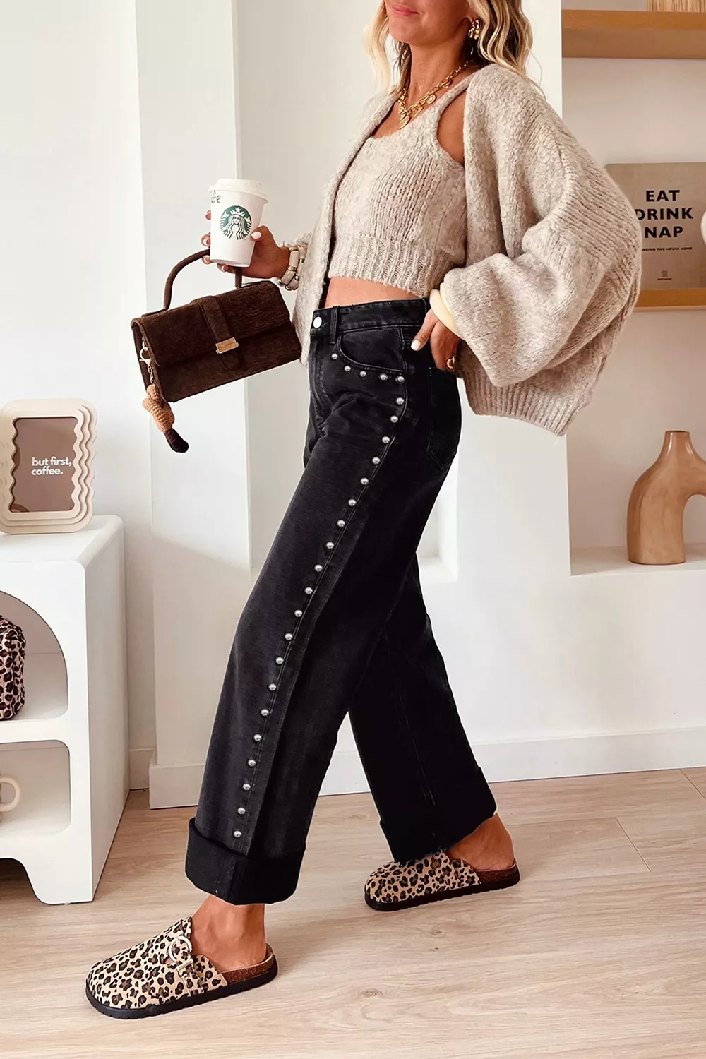Studded Detail Straight Leg Casual Loose Jeans, image 3