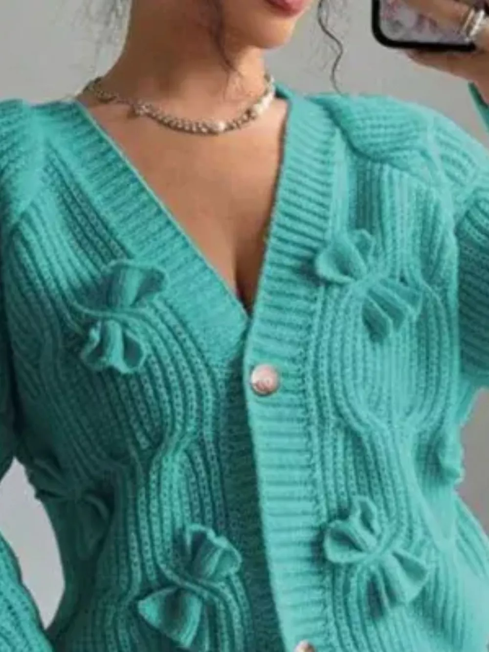 Bow Cable Knit V-Neck Cardigan, image 10