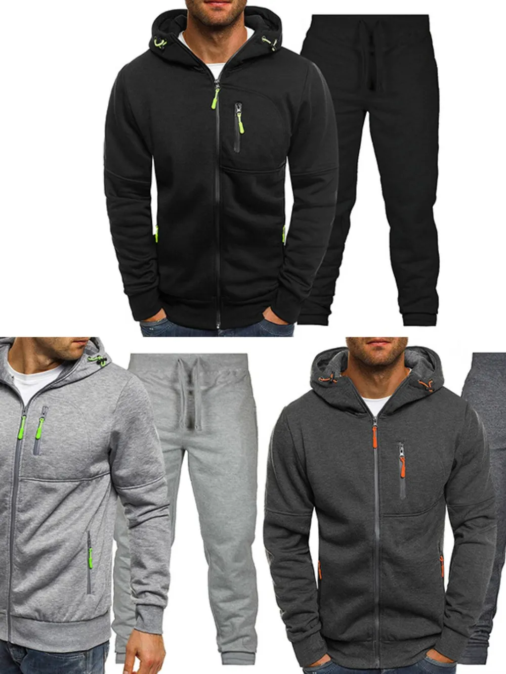 Men's Plus Size Zip Up Hooded Top and Pants Set, image 2