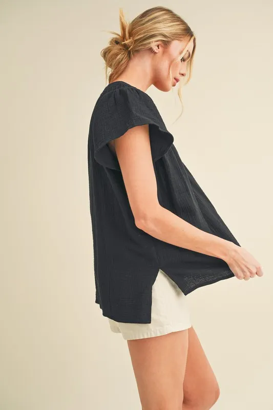 Embroidered Trim Side Slit Notched Short Sleeve Blouse, image 4
