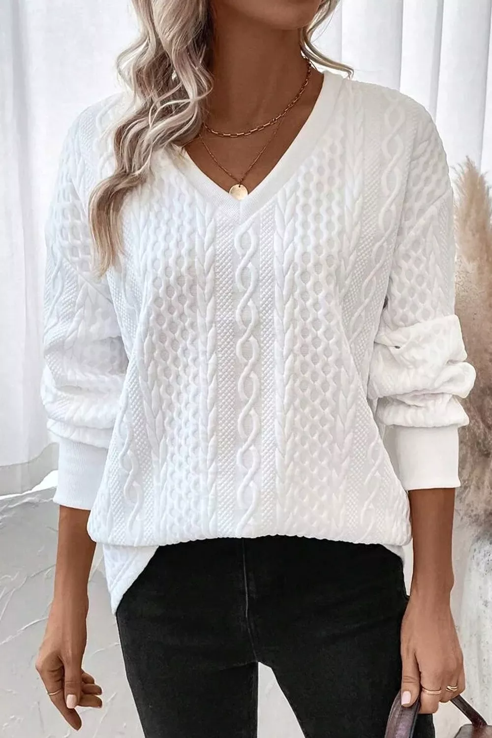 Solid Color Textured V Neck Drop Shoulder Knit Top, image 2