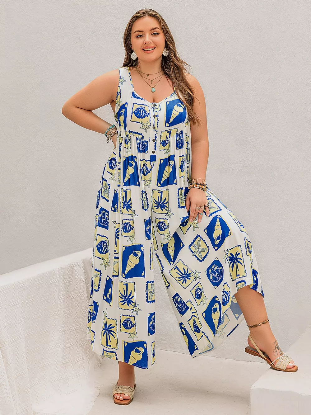 Plus Size Nautical Print Sleeveless Jumpsuit, image 5