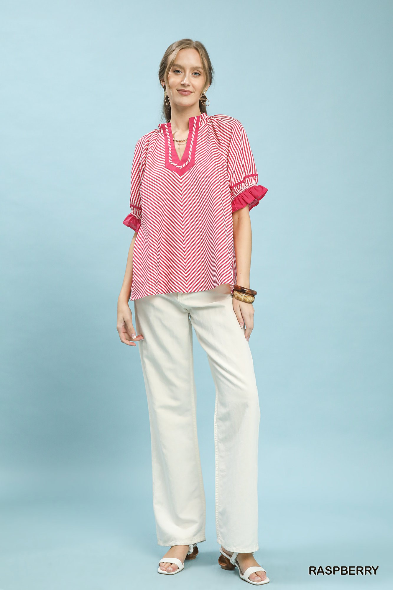 Stripe Ruffle Sleeve Split-Neck Blouse, image 2