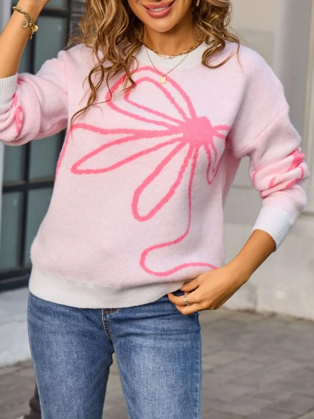 Floral Crew Neck Long Sleeve Sweater, image 3