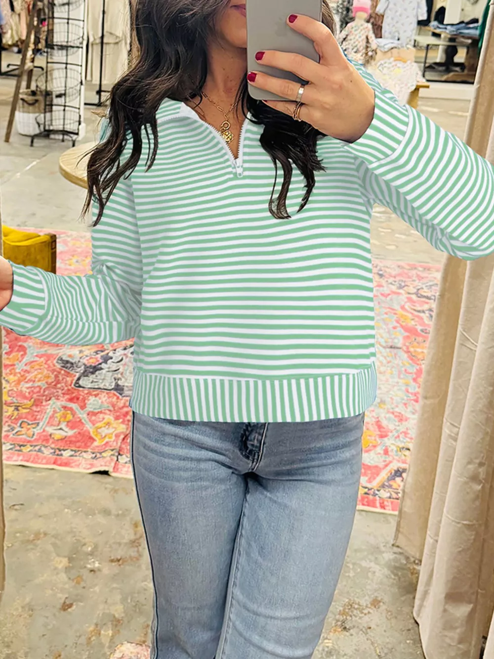 Stripe Quarter Zip Collar Long Sleeve Top, image 12
