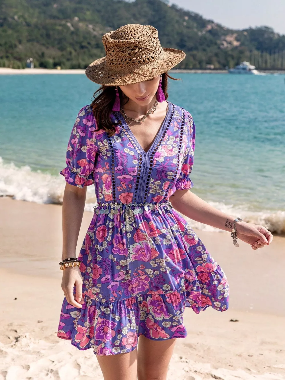 Floral Print V-Neck Mini Dress, image 2