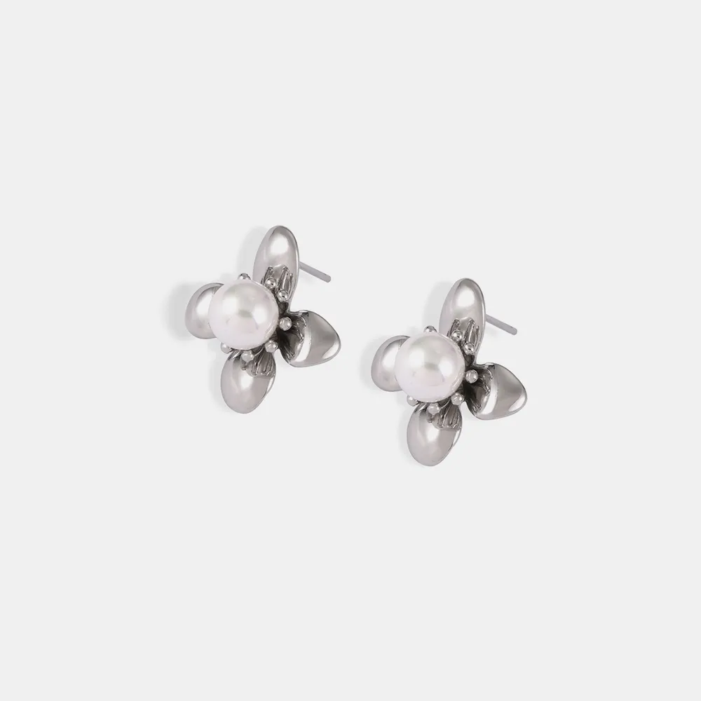 Synthetic Pearl Titanium Steel Flower Earrings, image 9