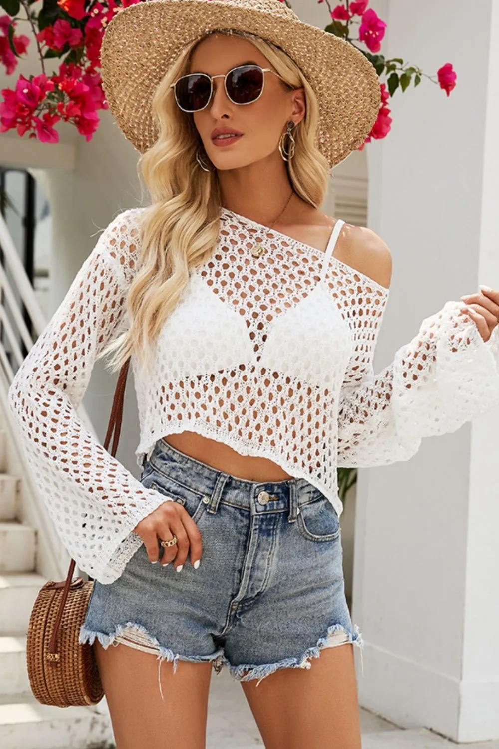 Openwork Round Neck Dropped Shoulder Knit Top, image 2