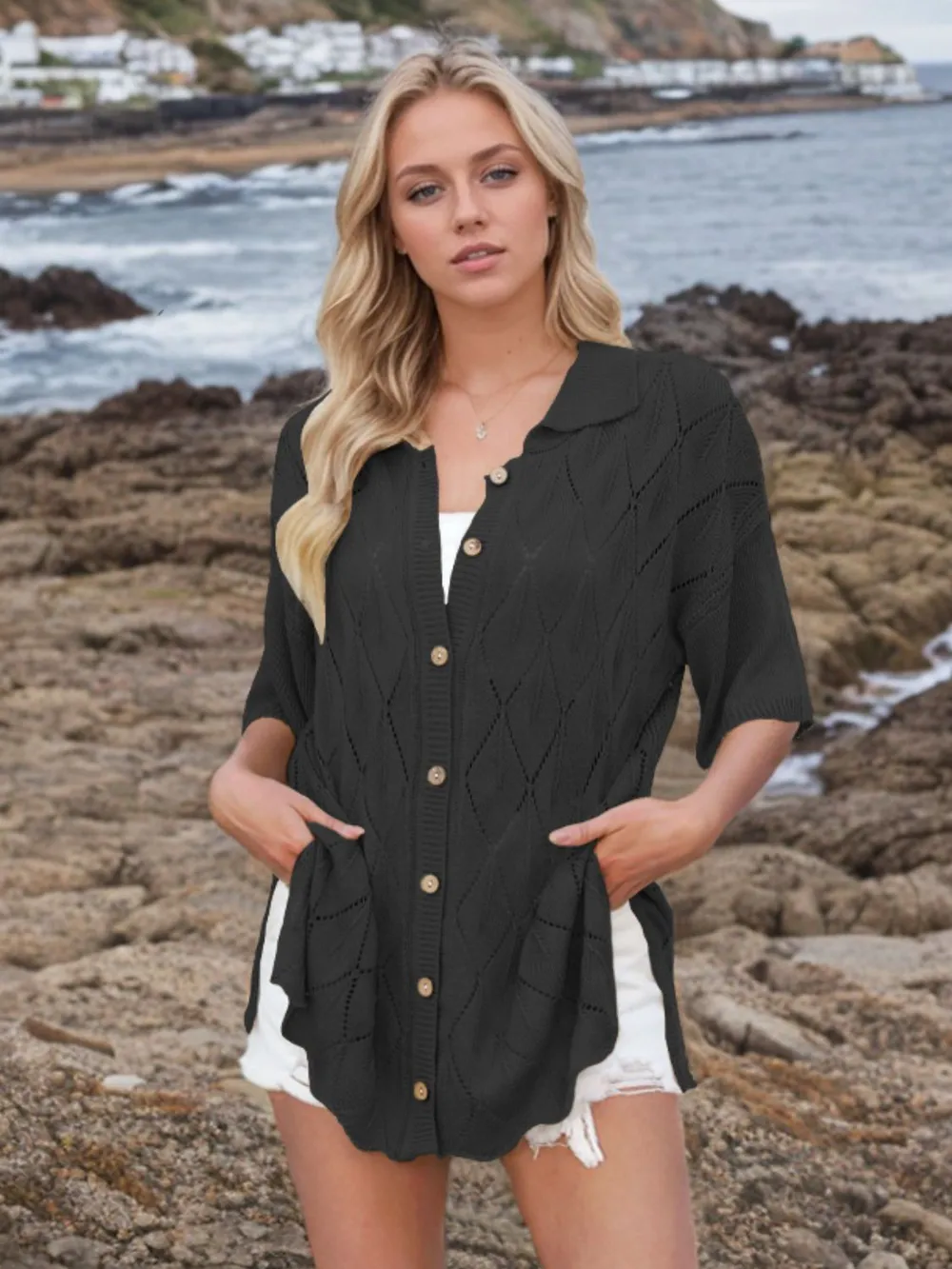Button Down Eyelet Collared Neck Knit Shirt, image 6