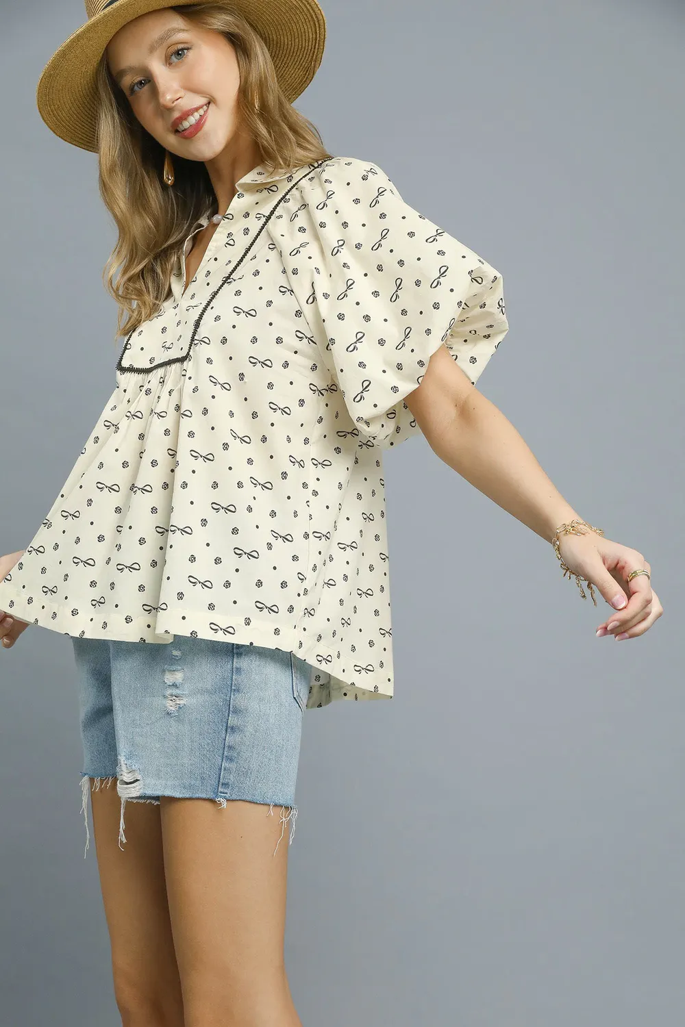 Bow Print Puff Sleeve Blouse, image 3