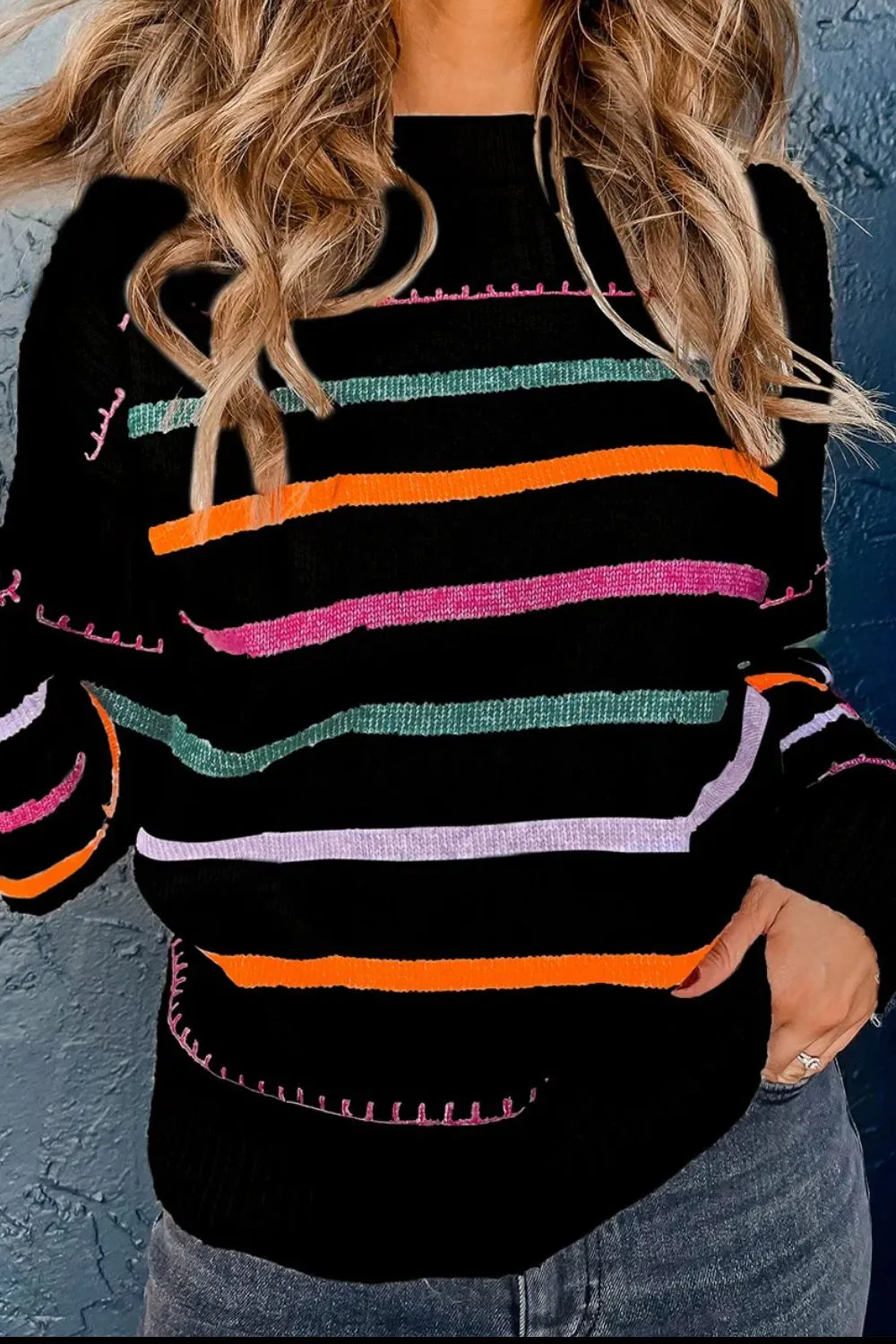 Striped Round Neck Dropped Shoulder Sweater, image 3