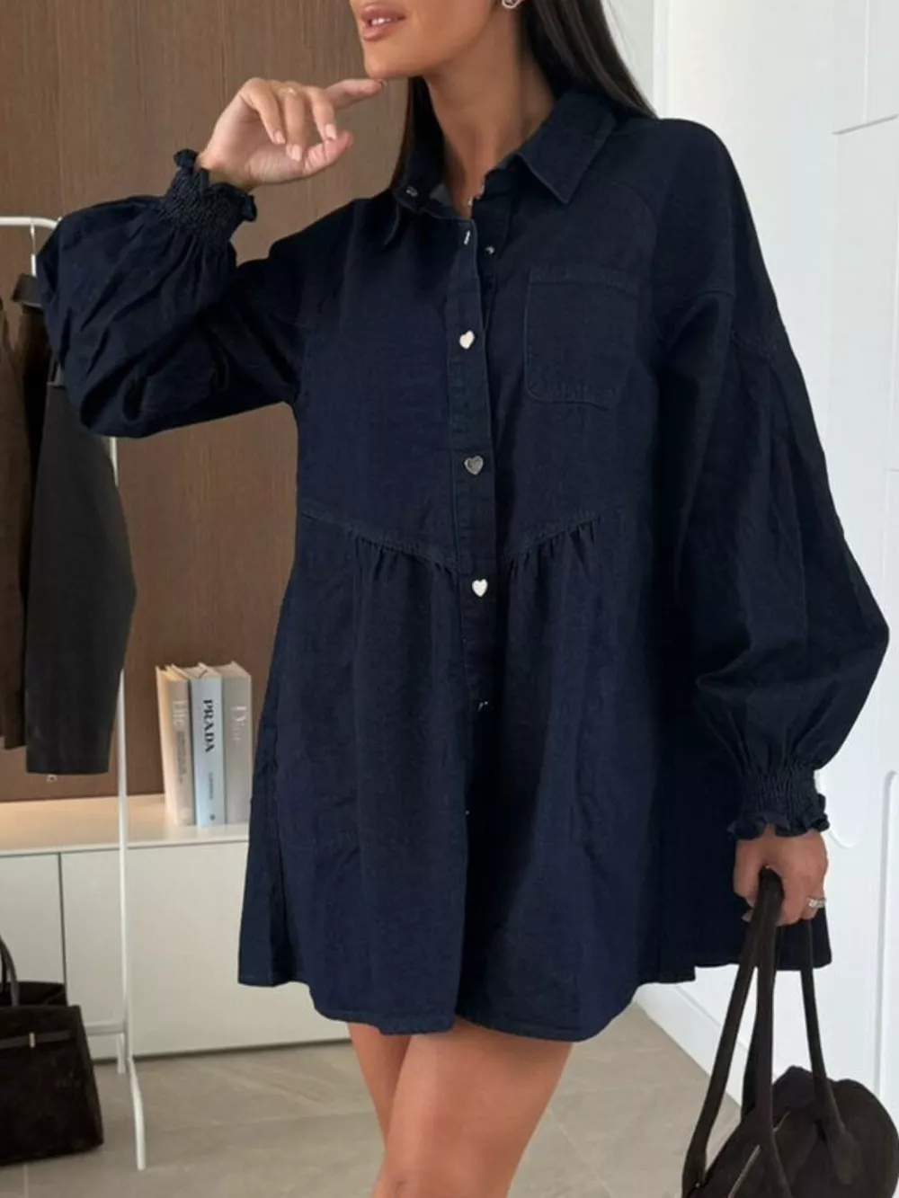 Button Down Mini Denim Dress with Front Pockets, image 4