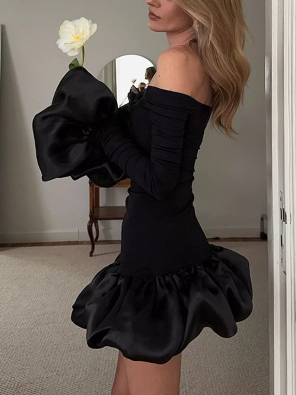Off-Shoulder Ruffle Hem Mini Dress, image 3