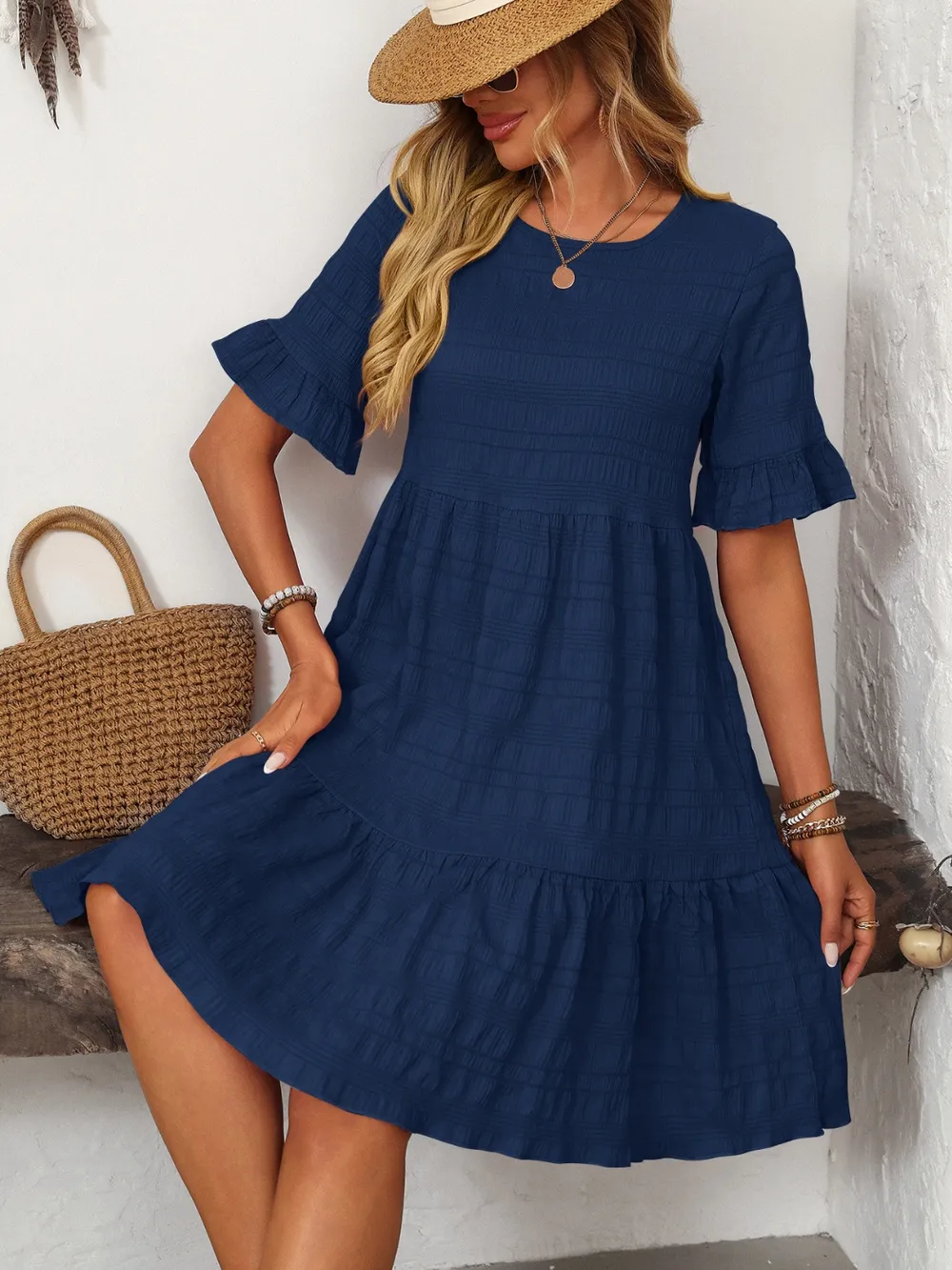 Ruffled Ruched Round Neck Half Sleeve Dress, image 2