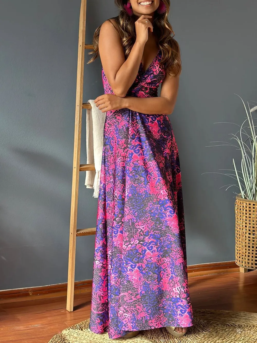 Tropical Print V-Neck Maxi Dress, image 2