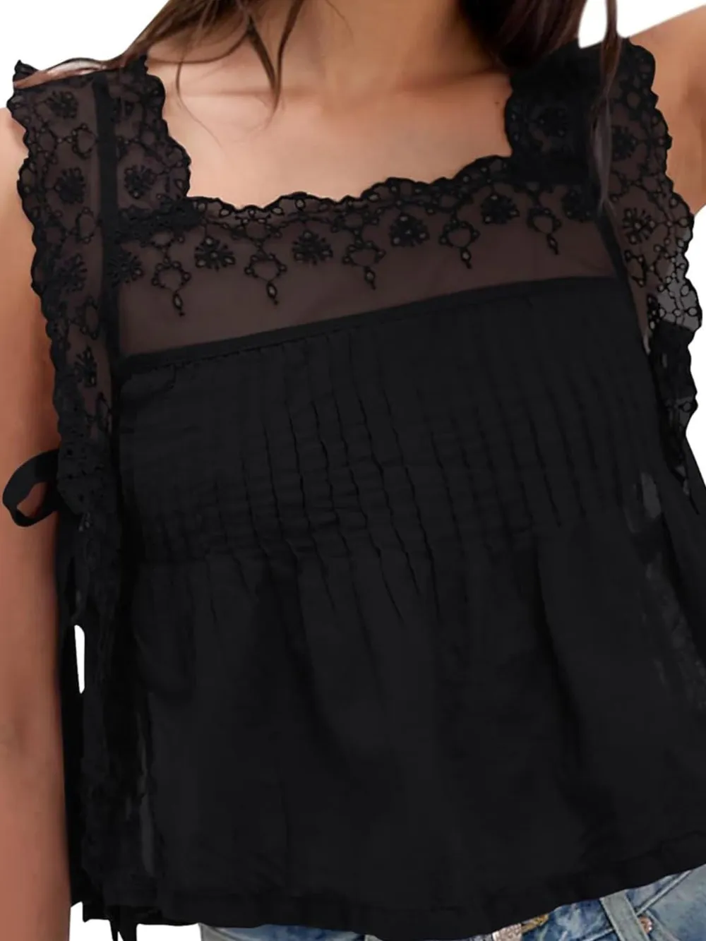 Lace-Trimmed Eyelet Square Neck Top, image 5