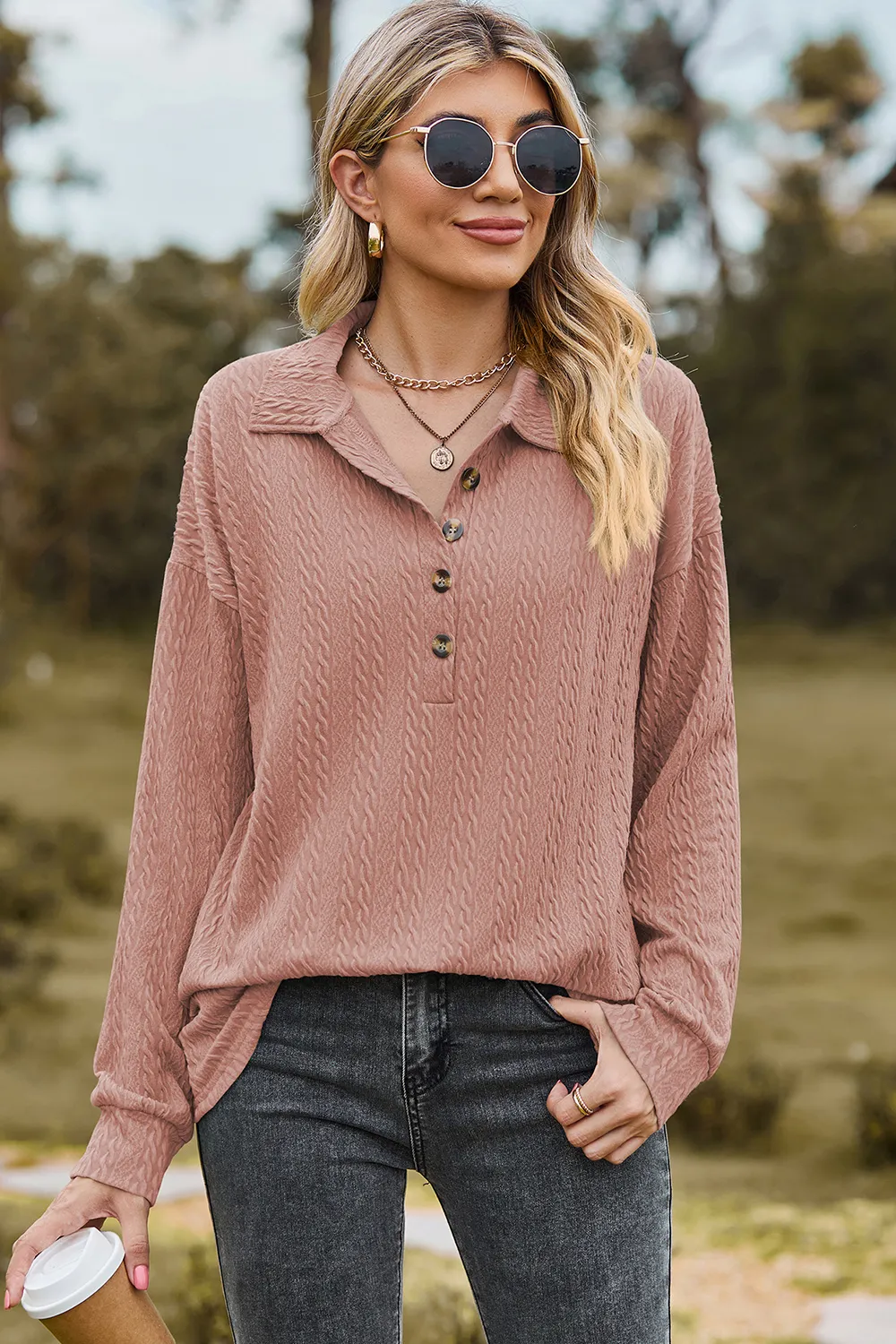 Half Button Dropped Shoulder Blouse, image 14