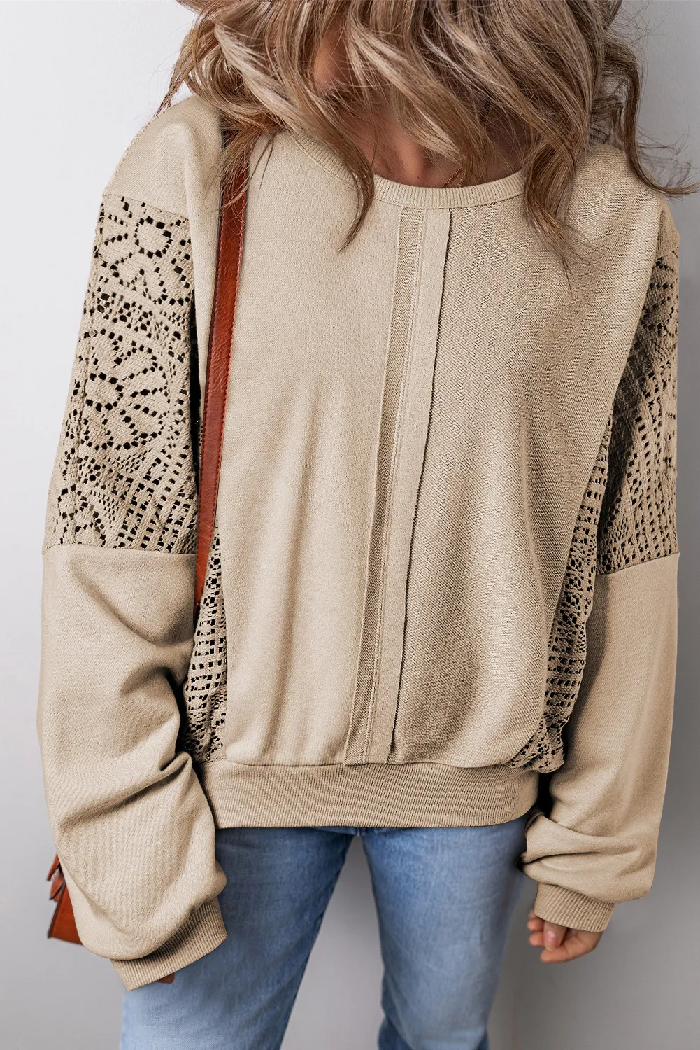 Openwork Round Neck Long Sleeve Sweatshirt, image 2