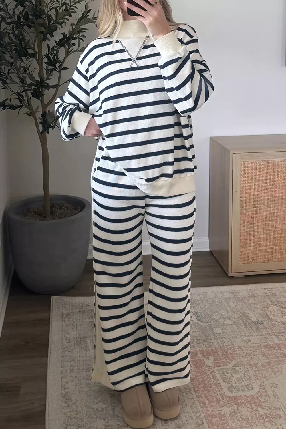 Striped Long Sleeve Top and Wide-Leg Pants Set