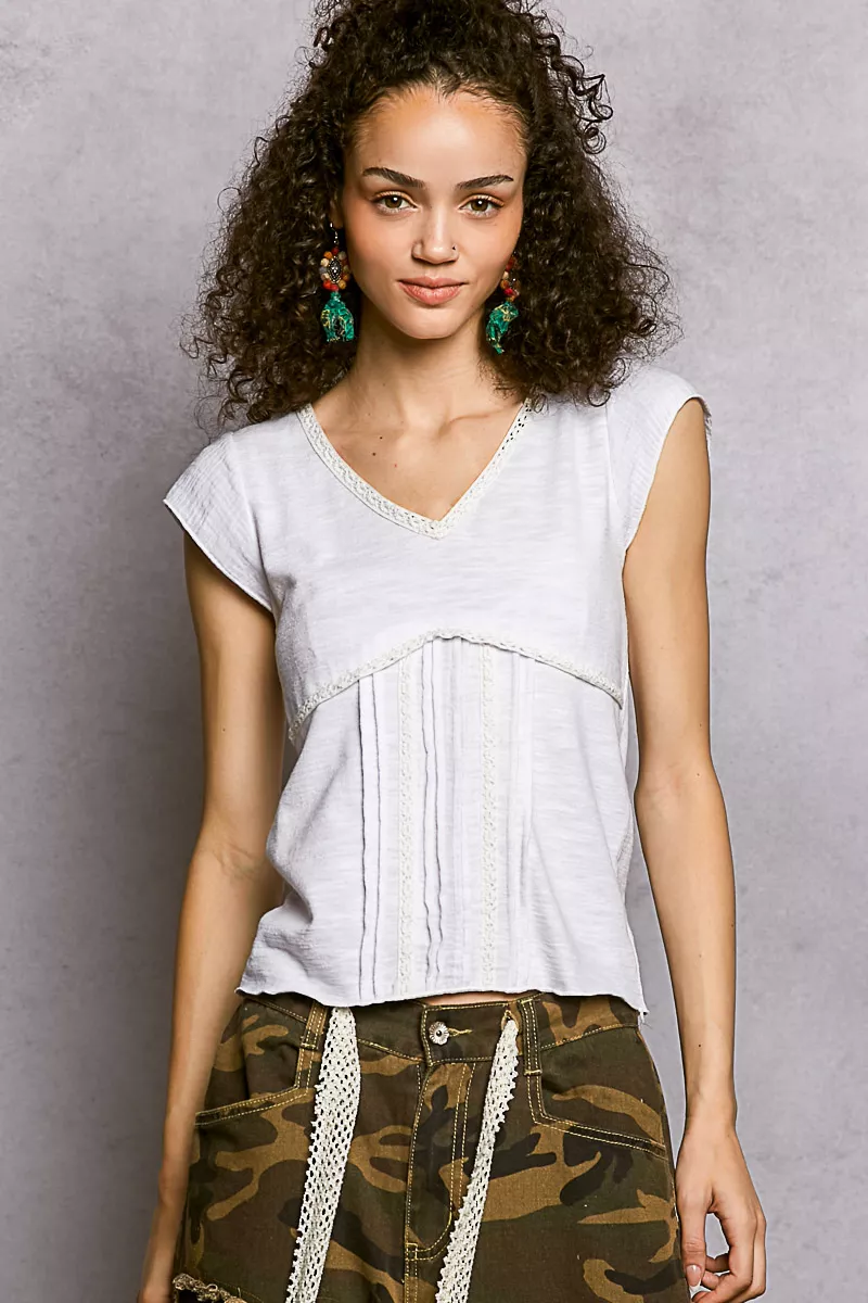 V-Neck Lightweight Textured Short Sleeve Knit Top with Lace Trim, image 3