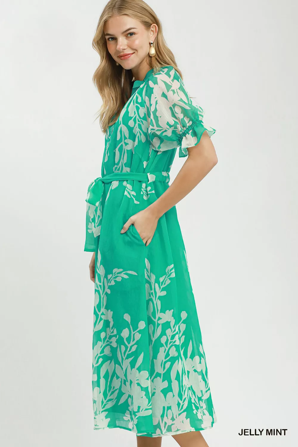 Floral Print Tie Waist Midi Dress with Side Pockets, image 2