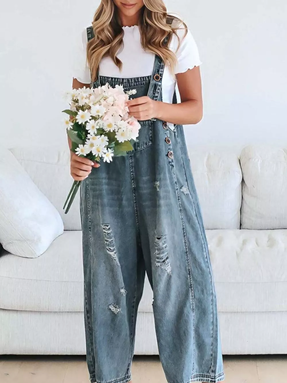 Distressed Wide Leg Denim Overalls, image 4