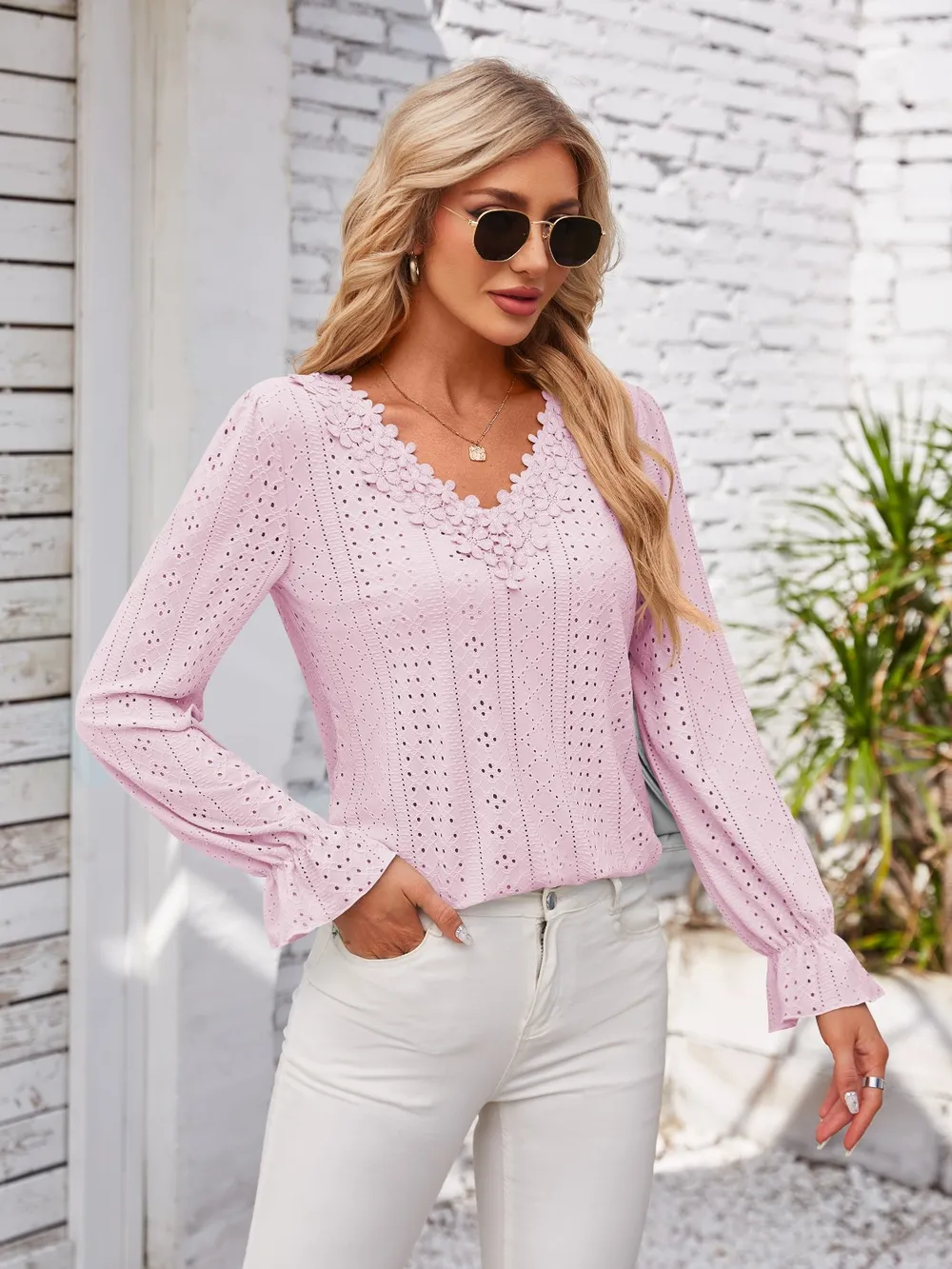 Applique V-Neck Flounce Sleeve T-Shirt, image 18