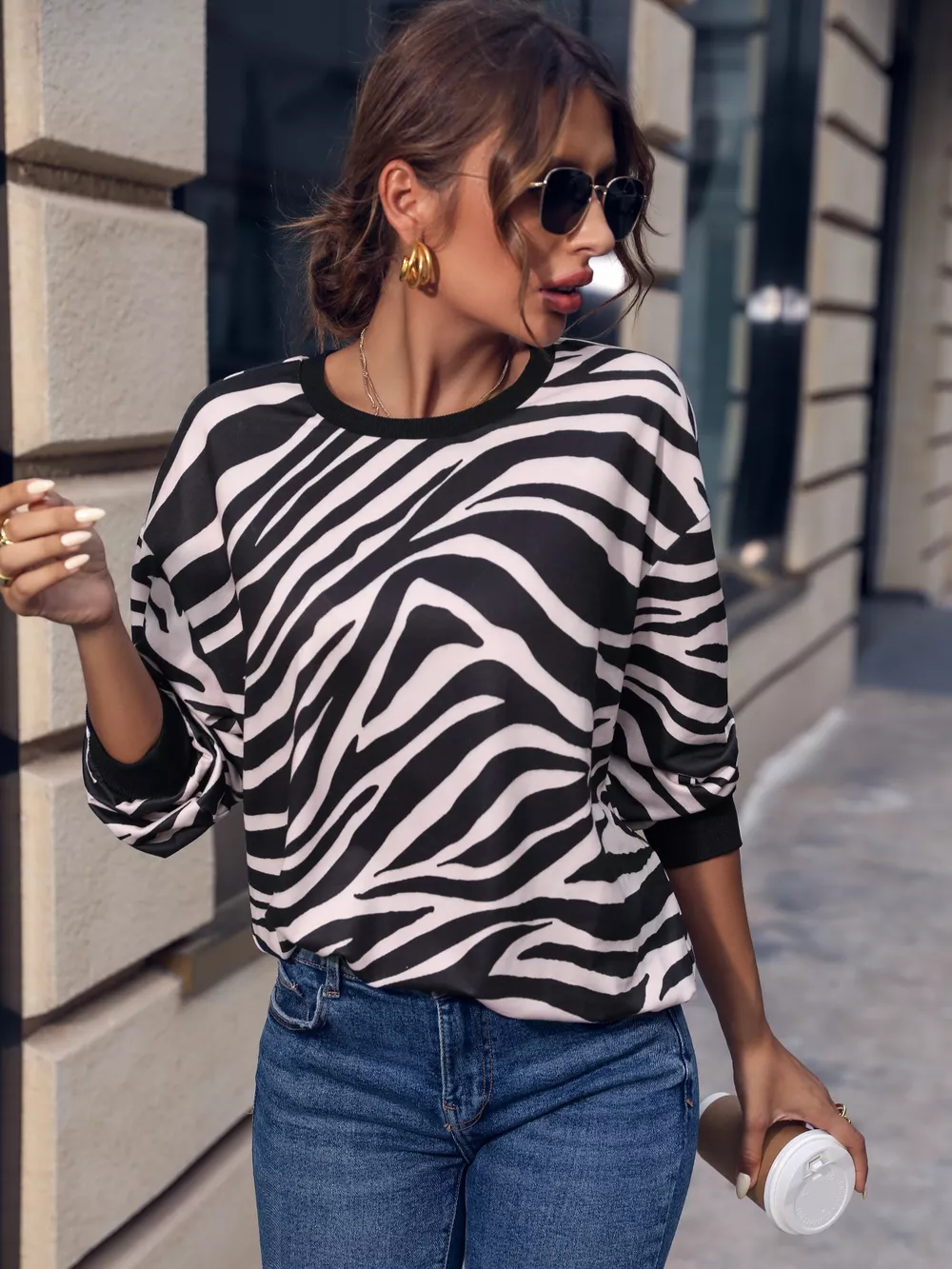 Zebra Print Round Neck Casual Sweatshirt, image 3