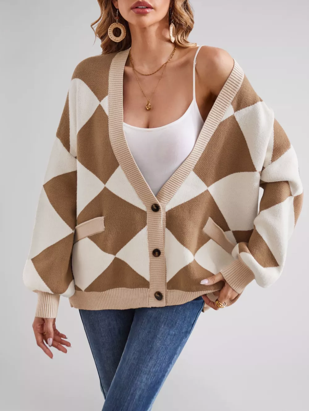 Diamond Pattern Button-Up Knit Cardigan, image 5
