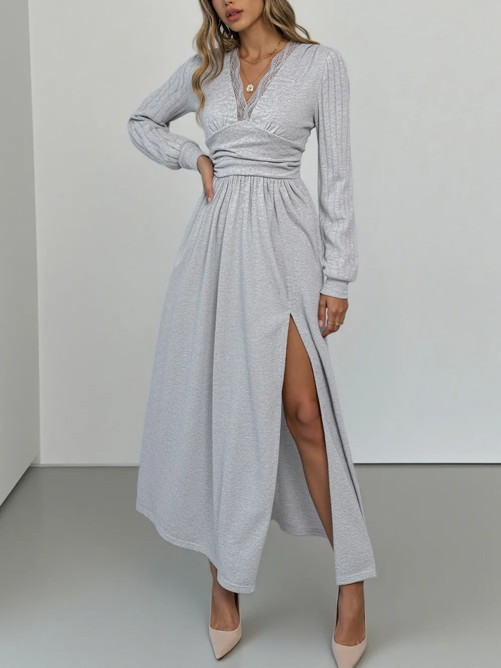 Lace Detail V-Neck Maxi Dress with Side Slit, image 3