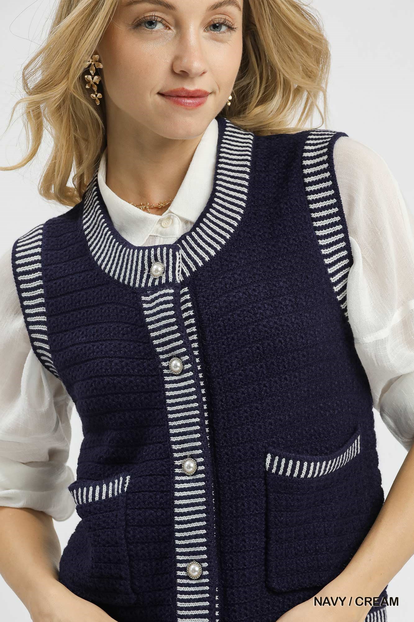 Contrast Striped Trim Button-Down Sweater Vest, image 5