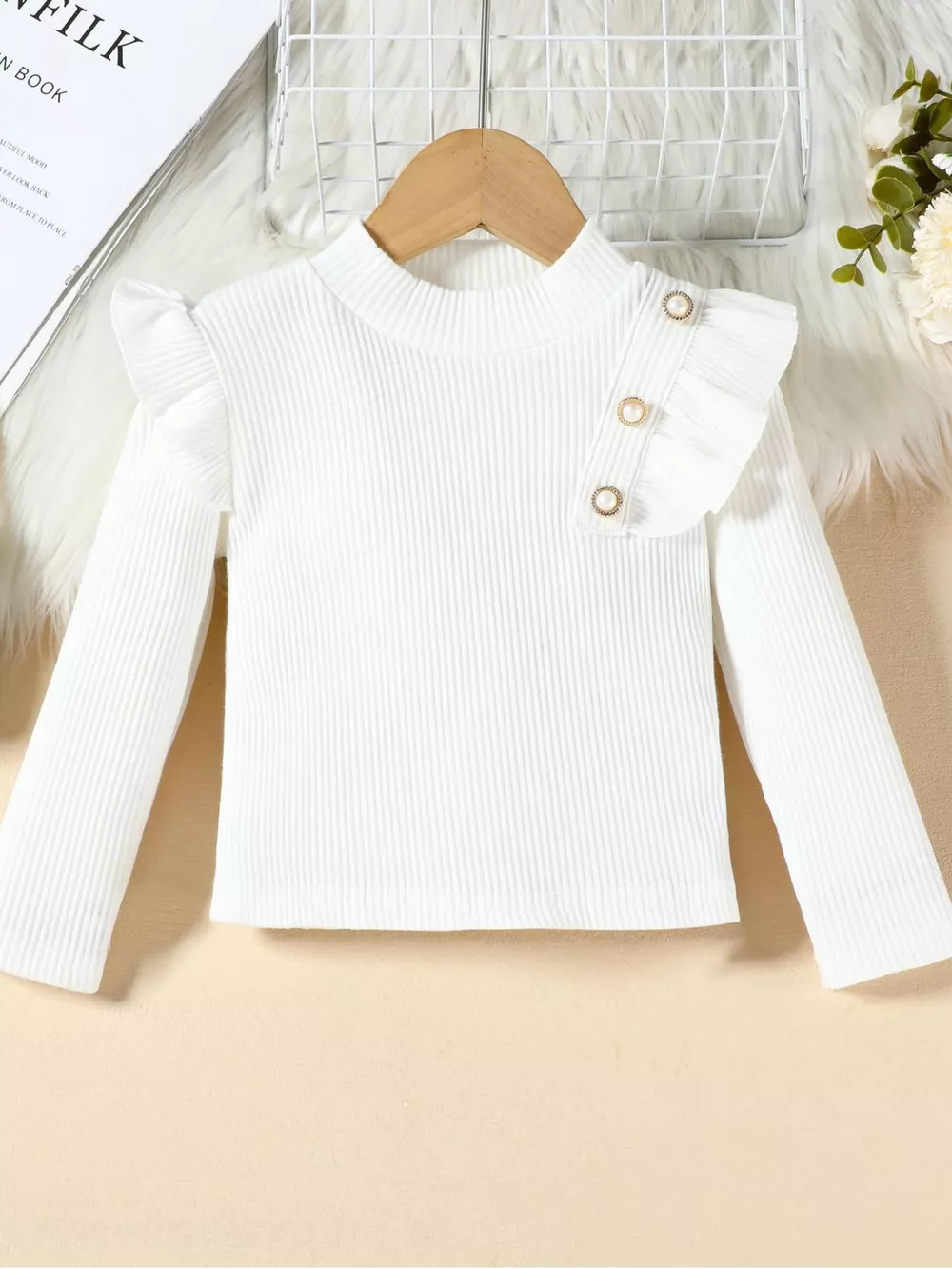 Children's Ruffled Trim Ribbed Top & Faux Leather Skirt Set, image 3