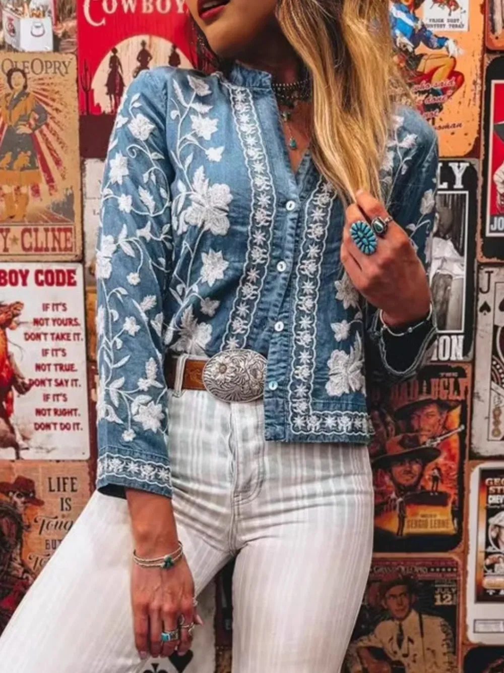 Floral Embroidered Button Up Denim Shirt, image 2