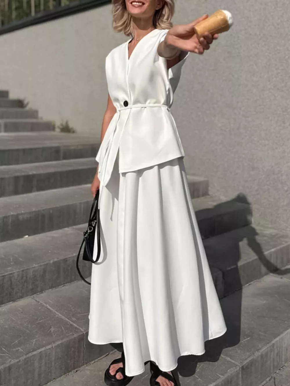 One Button Short Sleeve Top and Skirt Set, image 2