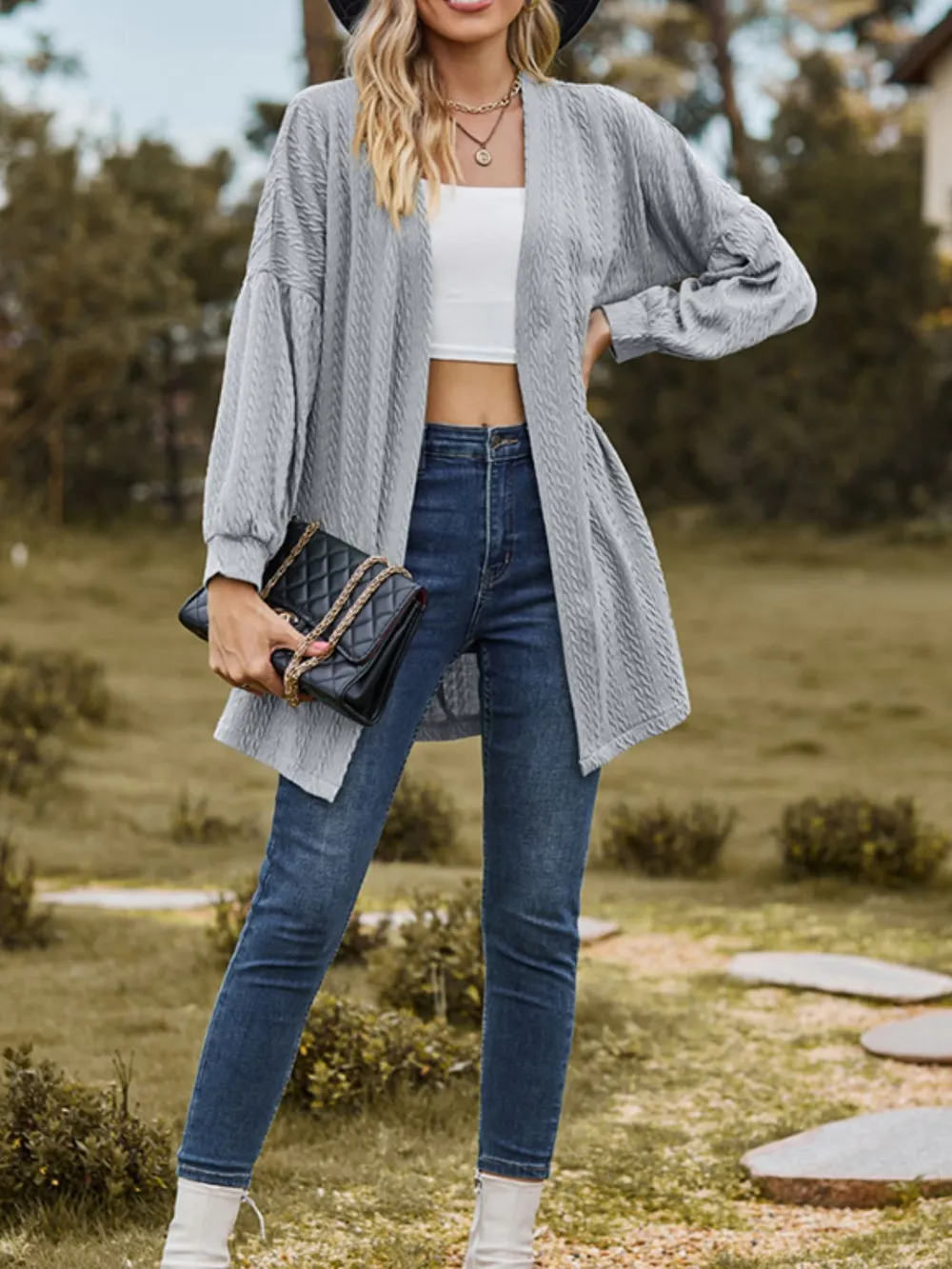 Textured Open Front Dropped Shoulder Cardigan, image 2