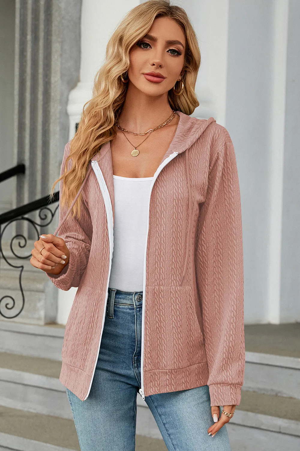 Drawstring Zip Up Long Sleeve Hoodie, image 17