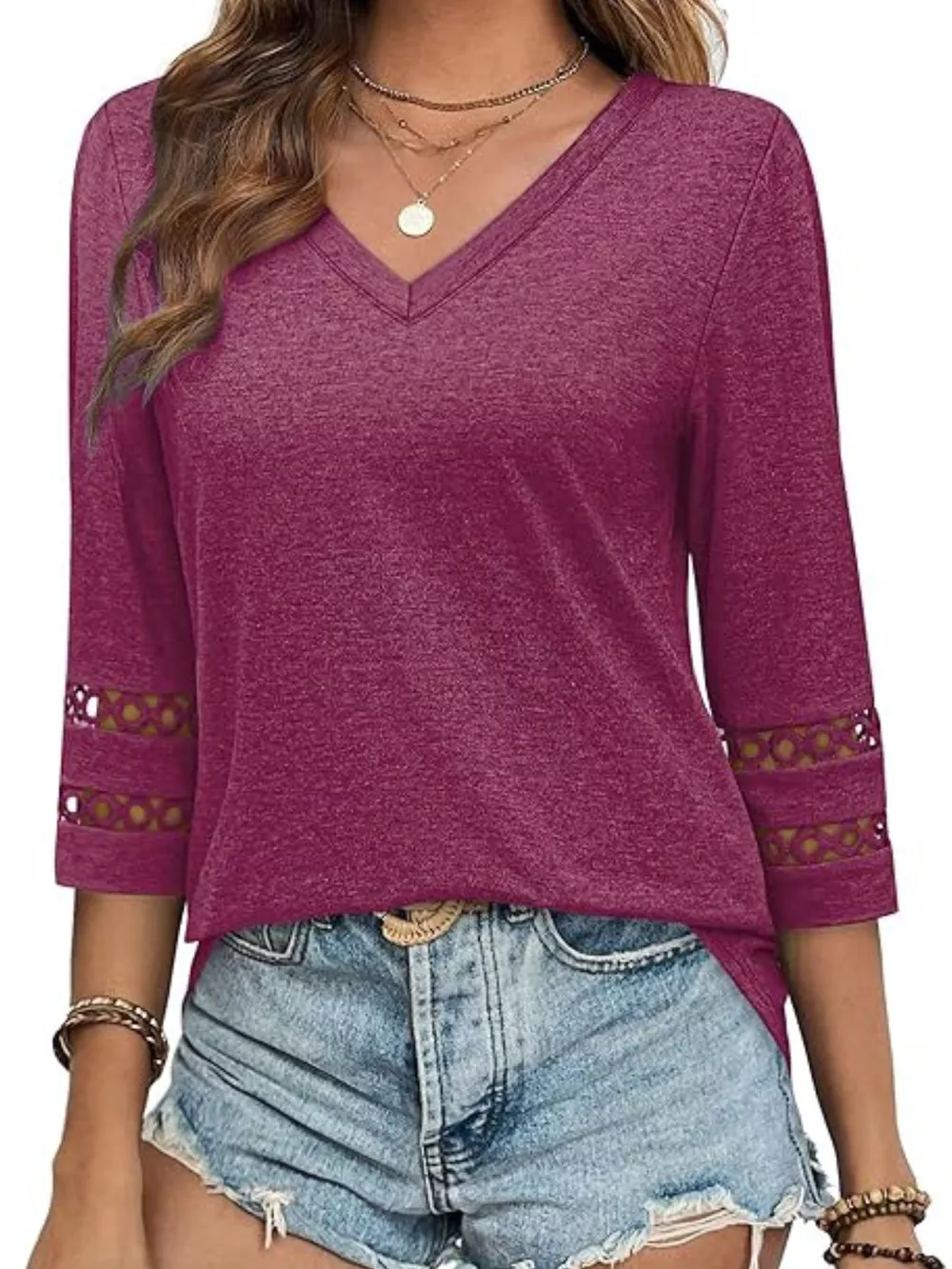 V-Neck Cutout 3/4 Sleeve T-Shirt, image 5