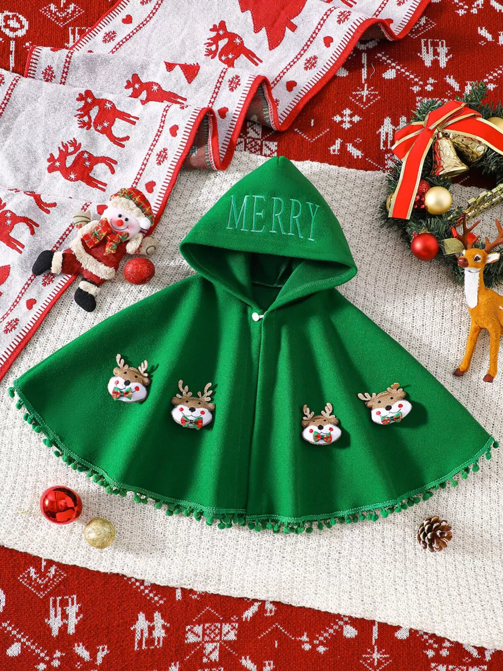 Children's Reindeer Embroidered Christmas Cape Outerwear, image 8