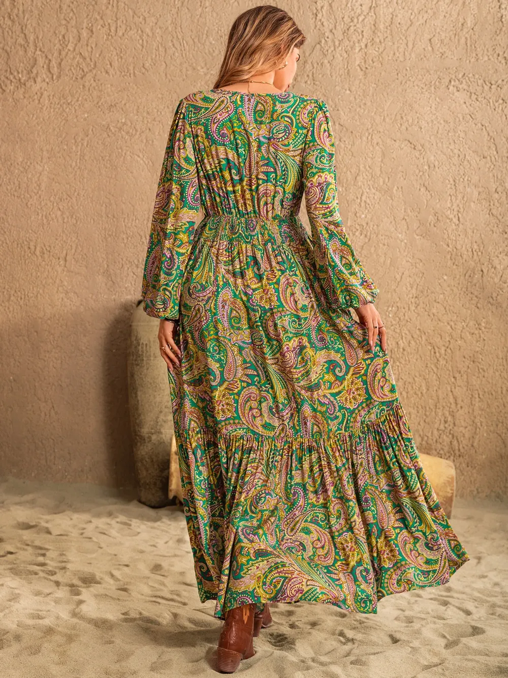 Printed Tie Neck Long Sleeve Dress, image 4
