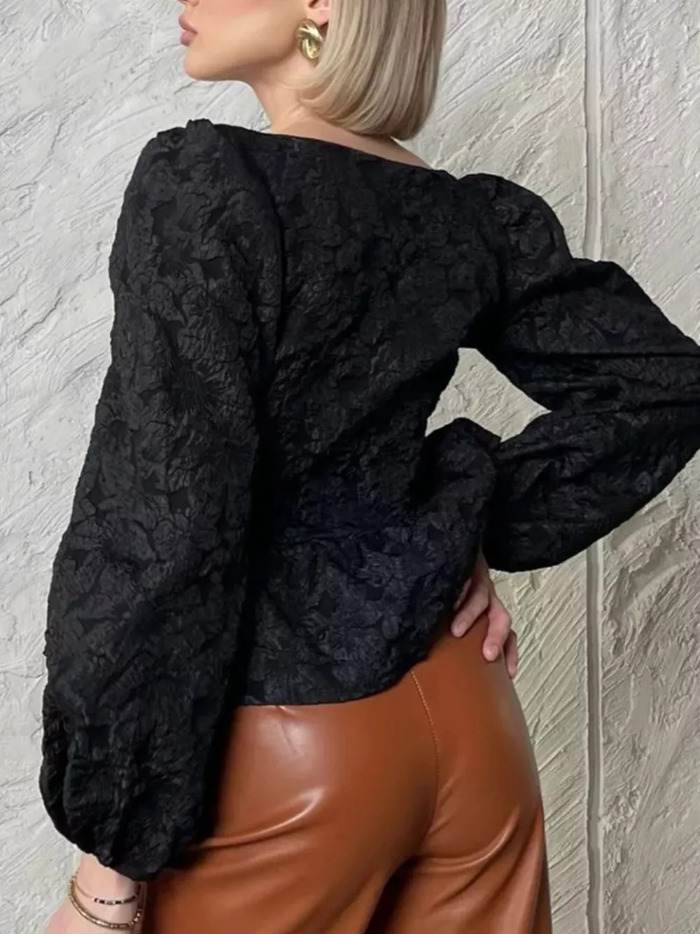 Textured Square Neck Balloon Sleeve Shirt, image 9