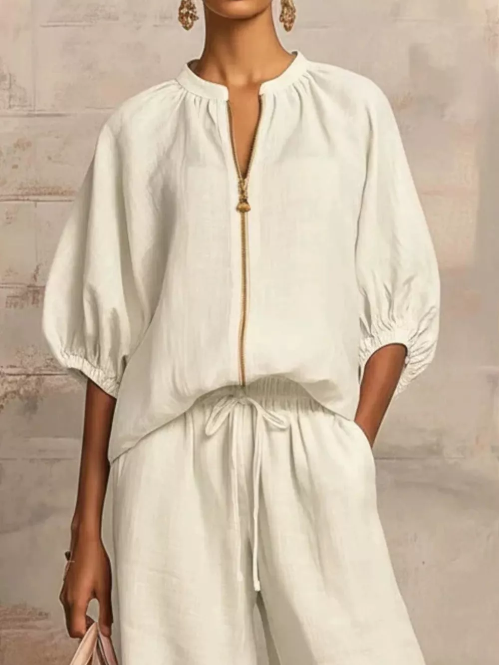 Full Size Zip-Front Top and Wide-Leg Pants Set Plus Size, image 2