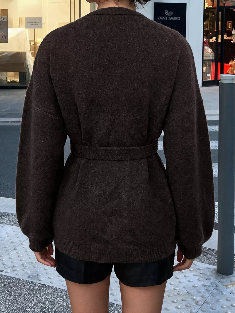 Tie Waist Dropped Shoulder Wrap Cardigan, image 6
