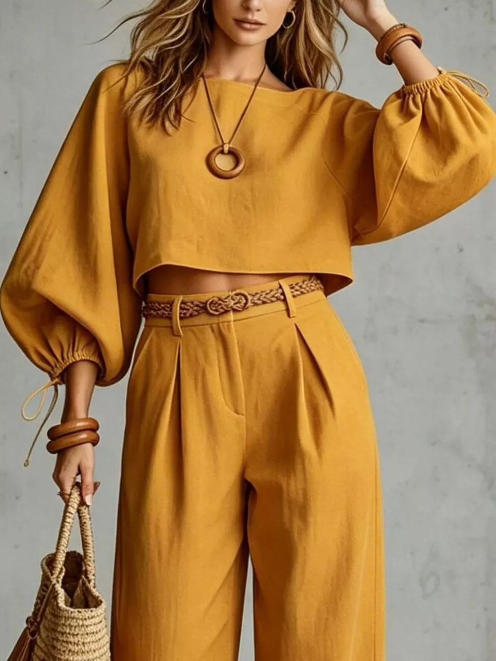 Balloon Sleeve Crop Top and Wide-Leg Pants Set, image 2
