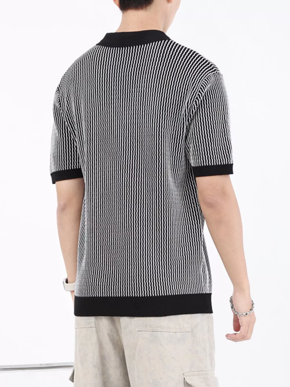 Men's Plus Size Striped Knitted Zip-Up Polo, image 2