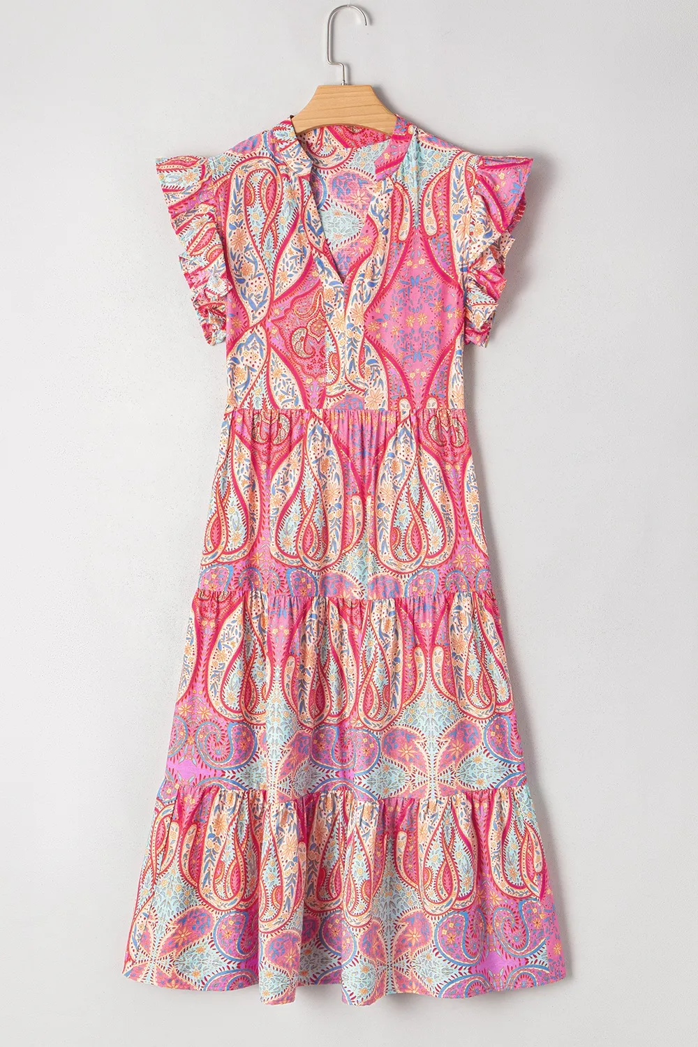 Tribal Paisley Print Ruffled Sleeve Notch Neck Midi Dress, image 3