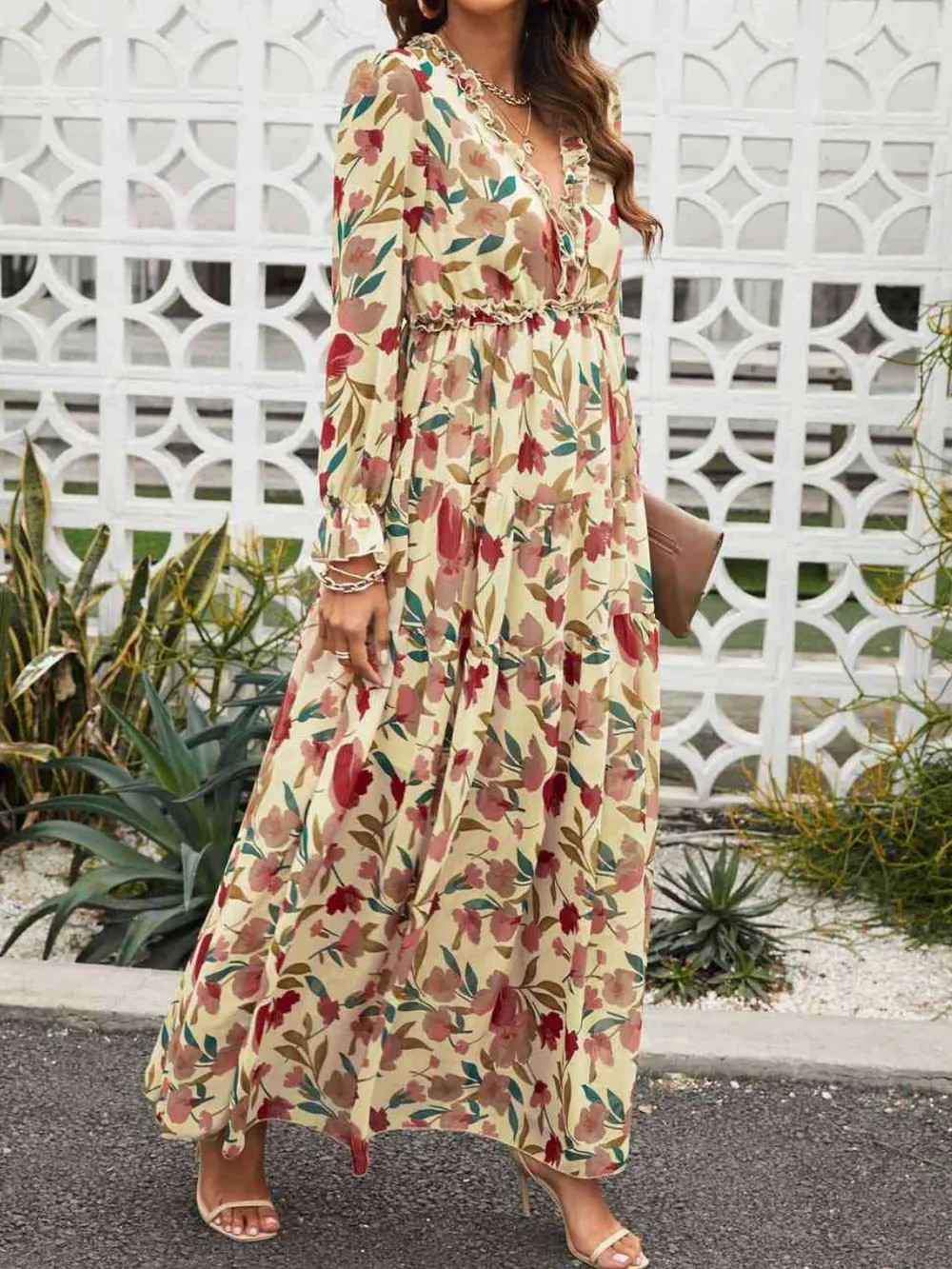 Frill Printed V-Neck Flounce Sleeve Dress, image 2