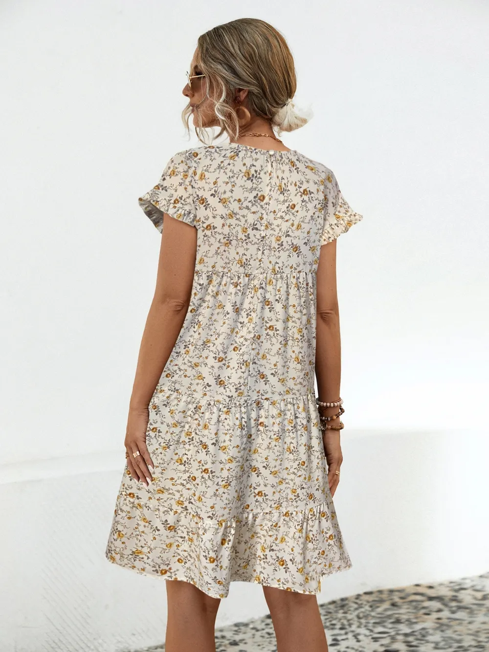 Frill Floral Round Neck Short Sleeve Tiered Dress, image 2