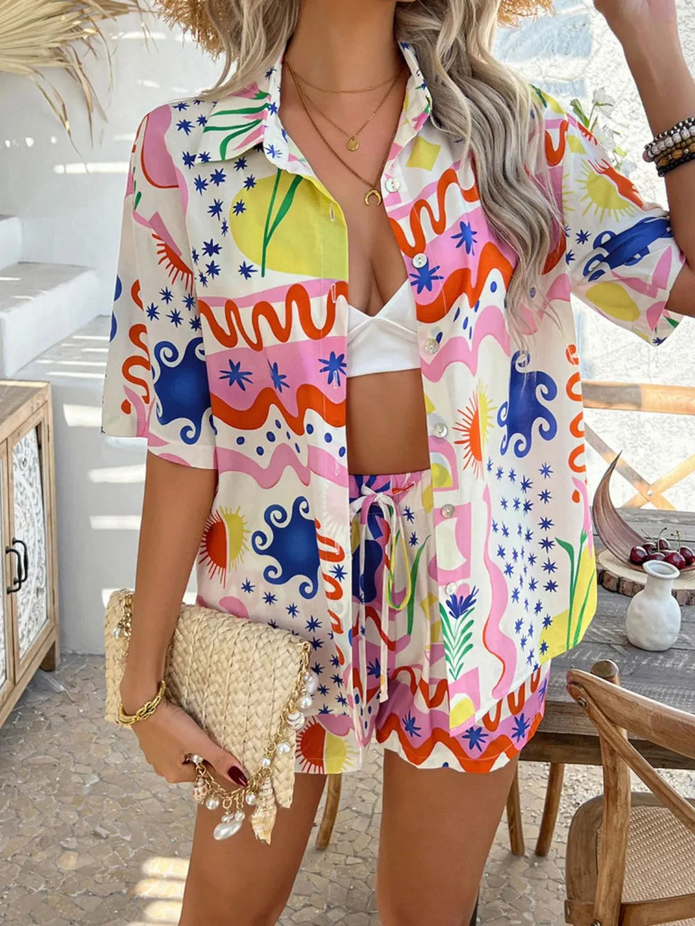 Printed Button Down Shirt and Shorts Set, image 22