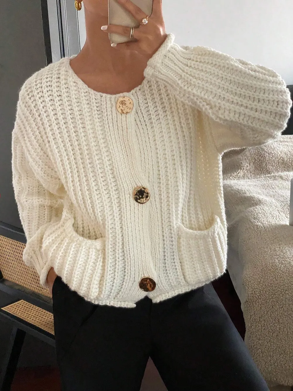 Button-Front Knit Cardigan with Pockets, image 2