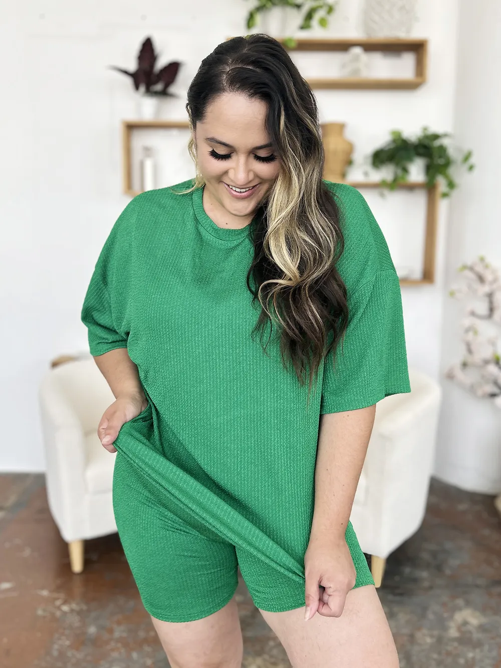 Full Size Texture Round Neck Drop Shoulder T-Shirt and Shorts Set, image 4